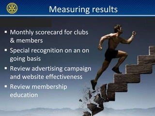 Measuring results

 Monthly scorecard for clubs
  & members
 Special recognition on an on
  going basis
 Review advertising campaign
  and website effectiveness
 Review membership
  education
 