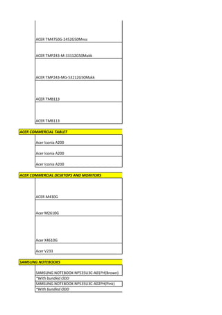ACER TM4750G-2452G50Mnss


       ACER TMP243-M-33112G50Makk




       ACER TMP243-MG-53212G50Makk




       ACER TMB113




       ACER TMB113

ACER COMMERCIAL TABLET

       Acer Iconia A200

       Acer Iconia A200

       Acer Iconia A200

ACER COMMERCIAL DESKTOPS AND MONITORS




       ACER M430G


       Acer M2610G




       Acer X4610G

       Acer V233

SAMSUNG NOTEBOOKS

       SAMSUNG NOTEBOOK NP535U3C-A01PH(Brown)
       *With bundled ODD
       SAMSUNG NOTEBOOK NP535U3C-A02PH(Pink)
       *With bundled ODD
 