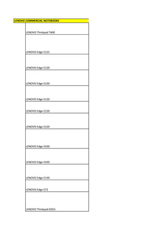 LENOVO COMMERCIAL NOTEBOOKS


       LENOVO Thinkpad T400




       LENOVO Edge E125




       LENOVO Edge E120




       LENOVO Edge E120




       LENOVO Edge E120


       LENOVO Edge E120




       LENOVO Edge E120




       LENOVO Edge E430




       LENOVO Edge E430




       LENOVO Edge E130


       LENOVO Edge E72




       LENOVO Thinkpad X201i
 