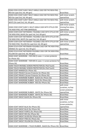 OZAKI IC501 ICOAT SLIM-Y MULTI ANGLE CASE FOR THE NEW IPAD,
RED (for ipad 2nd, 3rd, 4th gen)                                 Brand New
OZAKI IC501 ICOAT SLIM-Y MULTI ANGLE CASE FOR THE NEW IPAD,      with minor scratch,
RED (for ipad 2nd, 3rd, 4th gen)                                 opened box
OZAKI IC501 ICOAT SLIM-Y MULTI ANGLE CASE FOR THE NEW IPAD,      with minor scratch,
WHITE (for ipad 2nd, 3rd, 4th gen)                               opened box
                                                                 with minor scratch,
OZAKI IC502 ICOAT SLIM-Y+ MULTI ANGLE CASE WITH STYLUS FOR missing free stylus,
THE NEW IPAD, HOT PINK (BAROQUE)                                 opened box
OZAKI IC509 ICOAT NOTEBOOK+ FOLDABLE CASE WITH STYLUS FOR with minor scratch,
THE NEW IPAD, BLACK (for ipad 2nd, 3rd, 4th gen)                 opened box
OZAKI IC509 ICOAT NOTEBOOK+ FOLDABLE CASE WITH STYLUS FOR
THE NEW IPAD, WHITE (for ipad 2nd, 3rd, 4th gen)                 Brand New
OZAKI IC509 ICOAT NOTEBOOK+ FOLDABLE CASE WITH STYLUS FOR with minor scratch,
THE NEW IPAD, YELLOW (for ipad 2nd, 3rd, 4th gen)                opened box
OZAKI IC510 ICOAT NOTEBOOK FOLDABLE CASE FOR THE NEW IPAD,
ORANGE (for ipad 2nd, 3rd, 4th gen)                              Brand New
OZAKI IC510 ICOAT NOTEBOOK FOLDABLE CASE FOR THE NEW IPAD,
YELLOW (for ipad 2nd, 3rd, 4th gen)                              Brand New
OZAKI ICOAT WARDROBE - FOR HIM (5 cases + 1 screen protector
for iPhone 3G)                                                   Brand New
OZAKI ICOAT WARDROBE - FOR HER (5 cases + 1 screen protector for
iPhone 3G)                                                       Brand New
OZAKI TOUCH INVISIBLE SCREEN PROTECTOR (for iPod Touch)          Brand New
OZAKI TOUCH INVISIBLE SCREEN PROTECTOR (for iPod Touch)          Brand New
OZAKI ICOAT MIRROR (for iPhone 3G)                               Brand New
OZAKI ICOAT PRIVACY (Screen Protector for iPhone 3G)             Brand New
OZAKI ICOAT PRIVACY (Screen Protector for iPhone 3G)             Brand New
OZAKI ICOAT WARDROBE RUBBER - BLACK (for iPhone 3G)              Brand New
OZAKI ICOAT WARDROBE RUBBER - BLUE (for iPhone 3G)               Brand New
OZAKI ICOAT WARDROBE RUBBER - RED (for iPhone 3G)                Brand New
                                                                 with minor
                                                                 scratches, no free
                                                                 screen protector,
OZAKI ICOAT WARDROBE RUBBER - WHITE (for iPhone 3G)              opened box
OZAKI ICOAT WARDROBE RUBBER - WHITE (for iPhone 3G)              Brand New
OZAKI ICOAT SWEAT-BLACK (for iPhone 3G)                          Brand New
                                                                 with minor
                                                                 scratches, no free
                                                                 screen protector,
OZAKI ICOAT SWEAT-BLUE (for iPhone 3G)                           opened box
OZAKI ICOAT SWEAT-BLUE (for iPhone 3G)                           Brand New
OZAKI ICOAT SWEAT-PURPLE (for iPhone 3G)                         Brand New
OZAKI ICOAT SWEAT-RED (for iPhone 3G)                            Brand New
OZAKI ICOAT SWEAT-SILVER (for iPhone 3G)                         Brand New
OZAKI ICOAT SWEAT-PINK (for iPhone 3G)                           Brand New
OZAKI ICOAT SWEAT-YELLOW (for iPhone 3G)                         Brand New

OZAKI ICOAT WARDROBE + TOUCH RUBBER - BLACK (for iPhone 3G) Brand New
 