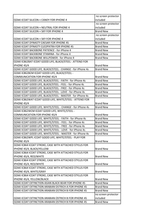 no screen protector
OZAKI ICOAT SILICON + CANDY FOR IPHONE 4                      included
                                                               no screen protector
OZAKI ICOAT SILICON + NEUTRAL FOR IPHONE 4                    included
OZAKI ICOAT SILICON + SKY FOR IPHONE 4                        Brand New
                                                               no screen protector
OZAKI ICOAT SILICON + SKY FOR IPHONE 4                        included
OZAKI ICOAT DYNASTY CAESAR FOR IPHONE 4S                      Brand New
OZAKI ICOAT DYNASTY CLEOPATRA FOR IPHONE 4S                   Brand New
OZAKI ICOAT BACKBONE PATIENCE - for iPhone 4                  Brand New
OZAKI ICOAT BACKBONE STAMINA - for iPhone 4                   Brand New
OZAKI ICOAT BACKBONE WILLPOWER - for iPhone 4                 Brand New
OZAKI IC862BAT ICOAT GOOD LIFE, BLACK/STEEL - ATTEND FOR
IPHONE 4S/4                                                   Brand New
OZAKI ICOAT GOOD LIFE, BLACK/STEEL - CHANGE - for iPhone 4s   Brand New
OZAKI IC862BCM ICOAT GOOD LIFE, BLACK/STEEL -
COMMUNICATION FOR IPHONE 4S/4                                 Brand New
OZAKI ICOAT GOOD LIFE, BLACK/STEEL - FAITH - for iPhone 4s    Brand New
OZAKI ICOAT GOOD LIFE, BLACK/STEEL - FEEL - for iPhone 4s     Brand New
OZAKI ICOAT GOOD LIFE, BLACK/STEEL - FREE - for iPhone 4s     Brand New
OZAKI ICOAT GOOD LIFE, BLACK/STEEL - LOVE - for iPhone 4s     Brand New
OZAKI ICOAT GOOD LIFE, BLACK/STEEL - MASTER - for iPhone 4s   Brand New
OZAKI IC862WAT ICOAT GOOD LIFE, WHITE/STEEL - ATTEND FOR
IPHONE 4S/4                                                   Brand New
OZAKI ICOAT GOOD LIFE, WHITE/STEEL - CHANGE - for iPhone 4s   Brand New
OZAKI IC862WCM ICOAT GOOD LIFE, WHITE/STEEL -
COMMUNICATION FOR IPHONE 4S/4                                 Brand New
OZAKI ICOAT GOOD LIFE, WHITE/STEEL - FAITH - for iPhone 4s    Brand New
OZAKI ICOAT GOOD LIFE, WHITE/STEEL - FEEL - for iPhone 4s     Brand New
OZAKI ICOAT GOOD LIFE, WHITE/STEEL - FREE - for iPhone 4s     Brand New
OZAKI ICOAT GOOD LIFE, WHITE/STEEL - LOVE - for iPhone 4s     Brand New
OZAKI ICOAT GOOD LIFE, WHITE/STEEL - MASTER - for iPhone 4s   Brand New
OZAKI IC862WPL ICOAT GOOD LIFE, WHITE/STEEL - PLAY FOR
IPHONE 4S/4                                                   Brand New
OZAKI IC864 ICOAT STROKE, CASE WITH ATTACHED STYLUS FOR
IPHONE 4S/4, BLACK/YELLOW                                     Brand New
OZAKI IC864 ICOAT STROKE, CASE WITH ATTACHED STYLUS FOR
IPHONE 4S/4, RED/WHITE                                        Brand New
OZAKI IC864 ICOAT STROKE, CASE WITH ATTACHED STYLUS FOR
IPHONE 4S/4, RED/WHITE                                        Brand New
OZAKI IC864 ICOAT STROKE, CASE WITH ATTACHED STYLUS FOR
IPHONE 4S/4, WHITE/GRAY                                       Brand New
OZAKI IC864 ICOAT STROKE, CASE WITH ATTACHED STYLUS FOR
IPHONE 4S/4, YELLOW/BLACK                                     Brand New
OZAKI ICOAT EXTINCTION ASIAN BLACK BEAR FOR IPHONE 4S         Brand New
OZAKI ICOAT EXTINCTION ARABIAN OSTRICH A FOR IPHONE 4S        Brand New
OZAKI ICOAT EXTINCTION ARABIAN OSTRICH B FOR IPHONE 4S        Brand New
                                                              no screen protector
OZAKI ICOAT EXTINCTION ARABIAN OSTRICH B FOR IPHONE 4S        included
OZAKI ICOAT EXTINCTION ARABIAN OSTRICH B FOR IPHONE 4S        Brand New
 