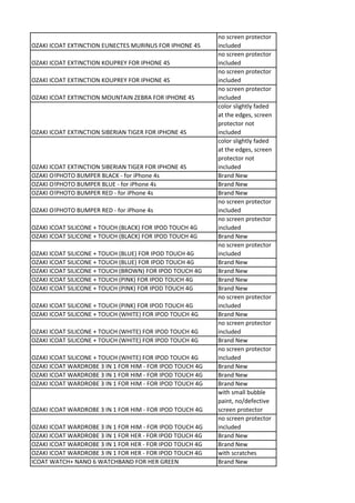 no screen protector
OZAKI ICOAT EXTINCTION EUNECTES MURINUS FOR IPHONE 4S     included
                                                          no screen protector
OZAKI ICOAT EXTINCTION KOUPREY FOR IPHONE 4S              included
                                                          no screen protector
OZAKI ICOAT EXTINCTION KOUPREY FOR IPHONE 4S              included
                                                          no screen protector
OZAKI ICOAT EXTINCTION MOUNTAIN ZEBRA FOR IPHONE 4S       included
                                                          color slightly faded
                                                          at the edges, screen
                                                          protector not
OZAKI ICOAT EXTINCTION SIBERIAN TIGER FOR IPHONE 4S       included
                                                          color slightly faded
                                                          at the edges, screen
                                                          protector not
OZAKI ICOAT EXTINCTION SIBERIAN TIGER FOR IPHONE 4S       included
OZAKI O!PHOTO BUMPER BLACK - for iPhone 4s                Brand New
OZAKI O!PHOTO BUMPER BLUE - for iPhone 4s                 Brand New
OZAKI O!PHOTO BUMPER RED - for iPhone 4s                  Brand New
                                                          no screen protector
OZAKI O!PHOTO BUMPER RED - for iPhone 4s                  included
                                                          no screen protector
OZAKI ICOAT SILICONE + TOUCH (BLACK) FOR IPOD TOUCH 4G    included
OZAKI ICOAT SILICONE + TOUCH (BLACK) FOR IPOD TOUCH 4G    Brand New
                                                          no screen protector
OZAKI ICOAT SILICONE + TOUCH (BLUE) FOR IPOD TOUCH 4G     included
OZAKI ICOAT SILICONE + TOUCH (BLUE) FOR IPOD TOUCH 4G     Brand New
OZAKI ICOAT SILICONE + TOUCH (BROWN) FOR IPOD TOUCH 4G    Brand New
OZAKI ICOAT SILICONE + TOUCH (PINK) FOR IPOD TOUCH 4G     Brand New
OZAKI ICOAT SILICONE + TOUCH (PINK) FOR IPOD TOUCH 4G     Brand New
                                                          no screen protector
OZAKI ICOAT SILICONE + TOUCH (PINK) FOR IPOD TOUCH 4G     included
OZAKI ICOAT SILICONE + TOUCH (WHITE) FOR IPOD TOUCH 4G    Brand New
                                                          no screen protector
OZAKI ICOAT SILICONE + TOUCH (WHITE) FOR IPOD TOUCH 4G    included
OZAKI ICOAT SILICONE + TOUCH (WHITE) FOR IPOD TOUCH 4G    Brand New
                                                          no screen protector
OZAKI ICOAT SILICONE + TOUCH (WHITE) FOR IPOD TOUCH 4G    included
OZAKI ICOAT WARDROBE 3 IN 1 FOR HIM - FOR IPOD TOUCH 4G   Brand New
OZAKI ICOAT WARDROBE 3 IN 1 FOR HIM - FOR IPOD TOUCH 4G   Brand New
OZAKI ICOAT WARDROBE 3 IN 1 FOR HIM - FOR IPOD TOUCH 4G   Brand New
                                                          with small bubble
                                                          paint, no/defective
OZAKI ICOAT WARDROBE 3 IN 1 FOR HIM - FOR IPOD TOUCH 4G   screen protector
                                                          no screen protector
OZAKI ICOAT WARDROBE 3 IN 1 FOR HIM - FOR IPOD TOUCH 4G   included
OZAKI ICOAT WARDROBE 3 IN 1 FOR HER - FOR IPOD TOUCH 4G   Brand New
OZAKI ICOAT WARDROBE 3 IN 1 FOR HER - FOR IPOD TOUCH 4G   Brand New
OZAKI ICOAT WARDROBE 3 IN 1 FOR HER - FOR IPOD TOUCH 4G   with scratches
ICOAT WATCH+ NANO 6 WATCHBAND FOR HER GREEN               Brand New
 