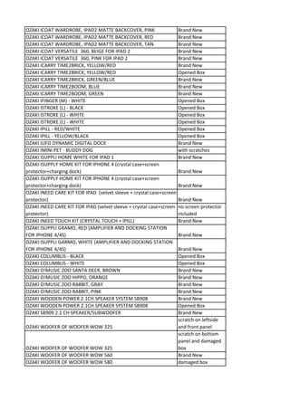 OZAKI ICOAT WARDROBE, IPAD2 MATTE BACKCOVER, PINK                    Brand New
OZAKI ICOAT WARDROBE, IPAD2 MATTE BACKCOVER, RED                     Brand New
OZAKI ICOAT WARDROBE, IPAD2 MATTE BACKCOVER, TAN                     Brand New
OZAKI ICOAT VERSATILE 360, BEIGE FOR IPAD 2                          Brand New
OZAKI ICOAT VERSATILE 360, PINK FOR IPAD 2                           Brand New
OZAKI ICARRY TIME2BRICK, YELLOW/RED                                  Brand New
OZAKI ICARRY TIME2BRICK, YELLOW/RED                                  Opened Box
OZAKI ICARRY TIME2BRICK, GREEN/BLUE                                  Brand New
OZAKI ICARRY TIME2BOOM, BLUE                                         Brand New
OZAKI ICARRY TIME2BOOM, GREEN                                        Brand New
OZAKI IFINGER (M) - WHITE                                            Opened Box
OZAKI ISTROKE (L) - BLACK                                            Opened Box
OZAKI ISTROKE (L) - WHITE                                            Opened Box
OZAKI ISTROKE (L) - WHITE                                            Opened Box
OZAKI IPILL - RED/WHITE                                              Opened Box
OZAKI IPILL - YELLOW/BLACK                                           Opened Box
OZAKI IUFO DYNAMIC DIGITAL DOCK                                      Brand New
OZAKI IMINI PET - BUDDY DOG                                          with scratches
OZAKI ISUPPLI HOME WHITE FOR IPAD 1                                  Brand New
OZAKI ISUPPLY HOME KIT FOR IPHONE 4 (crystal case+screen
protector+charging dock)                                             Brand New
OZAKI ISUPPLY HOME KIT FOR IPHONE 4 (crystal case+screen
protector+charging dock)                                             Brand New
OZAKI INEED CARE KIT FOR IPAD (velvet sleeve + crystal case+screen
protector)                                                           Brand New
OZAKI INEED CARE KIT FOR IPAD (velvet sleeve + crystal case+screen   no screen protector
protector)                                                           included
OZAKI INEED TOUCH KIT (CRYSTAL TOUCH + IPILL)                        Brand New
OZAKI ISUPPLI GRAMO, RED (AMPLIFIER AND DOCKING STATION
FOR IPHONE 4/4S)                                                     Brand New
OZAKI ISUPPLI GARMO, WHITE (AMPLIFIER AND DOCKING STATION
FOR IPHONE 4/4S)                                                     Brand New
OZAKI COLUMBUS - BLACK                                               Opened Box
OZAKI COLUMBUS - WHITE                                               Opened Box
OZAKI O!MUSIC ZOO SANTA DEER, BROWN                                  Brand New
OZAKI O!MUSIC ZOO HIPPO, ORANGE                                      Brand New
OZAKI O!MUSIC ZOO RABBIT, GRAY                                       Brand New
OZAKI O!MUSIC ZOO RABBIT, PINK                                       Brand New
OZAKI WOODEN POWER 2.1CH SPEAKER SYSTEM SB908                        Brand New
OZAKI WOODEN POWER 2.1CH SPEAKER SYSTEM SB908                        Opened Box
OZAKI SB909 2.1 CH SPEAKER/SUBWOOFER                                 Brand New
                                                                     scratch on leftside
OZAKI WOOFER OF WOOFER WOW 325                                       and front panel
                                                                     scratch on bottom
                                                                     panel and damaged
OZAKI WOOFER OF WOOFER WOW 325                                       box
OZAKI WOOFER OF WOOFER WOW 560                                       Brand New
OZAKI WOOFER OF WOOFER WOW 580                                       damaged box
 