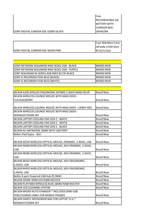 Free
                                                           RECHARGEABLE AA
                                                           BATTERY WITH
                                                           CHARGER BCG-
SONY DIGITAL CAMERA DSC-S5000 SILVER                       34HW2RN


                                                           Free 4GB Mem Card
                                                           (already inside box)
SONY DIGITAL CAMERA DSC-W630 PINK                          & Carry Case




SONY NETWORK WALKMAN NWZ-W262 2GB - BLACK                  BRAND NEW
SONY NETWORK WALKMAN NWZ-W262 2GB - PURPLE                 BRAND NEW
SONY WALKMAN W-SERIES 4GB NWZ-B173F BLACK                  BRAND NEW
SONY IC RECORDER PCM-M10 (BLACK)                           BRAND NEW
SONY IC RECORDER PCM-M10 (WHITE)                           BRAND NEW


BELKIN K200 WIRLESS ERGONOMIC KEYBRD 2.4GHZ NANO RCVR      Brand New
BELKIN WIRELESS LOUNGE MOUSE WITH MAG DOCK -
FUCHSIA/BERRY                                              Brand New

BELKIN WIRELESS LOUNGE MOUSE WITH MAG DOCK - CANDY RED     Brand New
BELKIN WIRELESS LOUNGE MOUSE WITH MAG DOCK -
MIDNIGHT/DARK SKY                                          Brand New
BELKIN LAPTOP COOLING PAD GEN 2 - WHITE                    Brand New
BELKIN LAPTOP COOLING PAD GEN 2 - WHITE                    Brand New
BELKIN LAPTOP COOLING PAD GEN 2 - BLACK                    Brand New
BELKIN AC ANYWHERE 200W WITH USB PORT                      Brand New
Belkin iPad Stylus - BLK                                   Brand New

BELKIN M250 WIRELESS OPTICAL MOUSE, ERGNMIC, 2.4GHZ, USB   Brand New
BELKIN M400 WIRELESS OPTICAL MOUSE, ADV ERGNMIC, 2.4GHZ,
USB                                                        Brand New
BELKIN M400 WIRELESS OPTICAL MOUSE, ADV ERGNMIC, 2.4GHZ,
USB                                                        Brand New
BELKIN M450 WIRELESS OPTICAL MOUSE, ADV ERGONOMIC,
2.4GHZ, USB                                                Brand New
BELKIN M450 WIRELESS OPTICAL MOUSE, ADV ERGONOMIC,
2.4GHZ, USB                                                Brand New
Belkin 4-port Powered USB Hub PC/MAC                       Brand New
BELKIN SHARE WIRELESS N300 ROUTER                          Brand New
BELKIN PLAY MAX WIRELESS DUAL-BAND N300 ROUTER             Brand New
BELKIN LCD CLEANING SYSTEM                                 Brand New
BELKIN MICRO AUTO CHARGER * INCLUDED MINI-USB
SYNC/CHARGE CABLE FOR MOBILE PHONES                        Brand New
BELKIN SIMPLE MESSENGER BAG FOR LAPTOP 15.6 *
MIDNIGHT/DARK SKY                                          Brand New
 