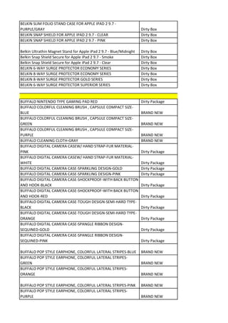 BELKIN SLIM FOLIO STAND CASE FOR APPLE IPAD 2 9.7 -
PURPLE/GRAY                                                          Dirty Box
BELKIN SNAP SHIELD FOR APPLE IPAD 2 9.7 - CLEAR                      Dirty Box
BELKIN SNAP SHIELD FOR APPLE IPAD 2 9.7 - PINK                       Dirty Box

Belkin Ultrathin Magnet Stand for Apple iPad 2 9.7 - Blue/Midnight   Dirty Box
Belkin Snap Shield Secure for Apple iPad 2 9.7 - Smoke               Dirty Box
Belkin Snap Shield Secure for Apple iPad 2 9.7 - Clear               Dirty Box
BELKIN 6-WAY SURGE PROTECTOR ECONOMY SERIES                          Dirty Box
BELKIN 8-WAY SURGE PROTECTOR ECONOMY SERIES                          Dirty Box
BELKIN 8-WAY SURGE PROTECTOR GOLD SERIES                             Dirty Box
BELKIN 6-WAY SURGE PROTECTOR SUPERIOR SERIES                         Dirty Box


BUFFALO NINTENDO TYPE GAMING PAD RED                                 Dirty Package
BUFFALO COLORFUL CLEANING BRUSH , CAPSULE COMPACT SIZE-
BLUE                                                                 BRAND NEW
BUFFALO COLORFUL CLEANING BRUSH , CAPSULE COMPACT SIZE-
GREEN                                                                BRAND NEW
BUFFALO COLORFUL CLEANING BRUSH , CAPSULE COMPACT SIZE-
PURPLE                                                               BRAND NEW
BUFFALO CLEANING CLOTH-GRAY                                          BRAND NEW
BUFFALO DIGITAL CAMERA CASEW/ HAND STRAP-FUR MATERIAL-
PINK                                                                 Dirty Package
BUFFALO DIGITAL CAMERA CASEW/ HAND STRAP-FUR MATERIAL-
WHITE                                                                Dirty Package
BUFFALO DIGITAL CAMERA CASE-SPARKLING DESIGN-GOLD                    Dirty Package
BUFFALO DIGITAL CAMERA CASE-SPARKLING DESIGN-PINK                    Dirty Package
BUFFALO DIGITAL CAMERA CASE-SHOCKPROOF-WITH BACK BUTTON
AND HOOK-BLACK                                                       Dirty Package
BUFFALO DIGITAL CAMERA CASE-SHOCKPROOF-WITH BACK BUTTON
AND HOOK-RED                                                         Dirty Package
BUFFALO DIGITAL CAMERA CASE-TOUGH DESIGN-SEMI-HARD TYPE-
BLACK                                                                Dirty Package
BUFFALO DIGITAL CAMERA CASE-TOUGH DESIGN-SEMI-HARD TYPE-
ORANGE                                                               Dirty Package
BUFFALO DIGITAL CAMERA CASE-SPANGLE RIBBON DESIGN-
SEQUINED-GOLD                                                        Dirty Package
BUFFALO DIGITAL CAMERA CASE-SPANGLE RIBBON DESIGN-
SEQUINED-PINK                                                        Dirty Package

BUFFALO POP STYLE EARPHONE, COLORFUL LATERAL STRIPES-BLUE            BRAND NEW
BUFFALO POP STYLE EARPHONE, COLORFUL LATERAL STRIPES-
GREEN                                                                BRAND NEW
BUFFALO POP STYLE EARPHONE, COLORFUL LATERAL STRIPES-
ORANGE                                                               BRAND NEW

BUFFALO POP STYLE EARPHONE, COLORFUL LATERAL STRIPES-PINK            BRAND NEW
BUFFALO POP STYLE EARPHONE, COLORFUL LATERAL STRIPES-
PURPLE                                                               BRAND NEW
 