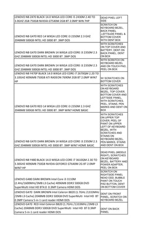 LENOVO NB Z470 BLACK 14.0 WXGA LED CORE i5 2430M 2.40 TO      DEAD PIXEL LEFT
3.0GHZ 2GB 750GB NVIDIA GT540M 2GB BT 2.0MP WIN 7HP           SIDE
                                                              SCRATCH ON
                                                              KEYBOARD BEZEL,
                                                              BACK PANEL
                                                              ,LEFTSUDE PANEL &
LENOVO NB G470 RED 14 WXGA LED CORE i3 2350M 2.3 GHZ          BOTTOM COVER
2048MB 500GB INTEL HD 3000 BT .3MP DOS                        WITH DENT BOX
                                                              WITH SCRATCHES
                                                              ON TOP COVER AND
                                                              BATTERY, DENT ON
LENOVO NB G470 DARK BROWN 14 WXGA LED CORE i3 2350M 2.3       BACK PANEL, DENT
GHZ 2048MB 500GB INTEL HD 3000 BT .3MP DOS                    ON BOX
                                                              WITH SCRATCH ON
                                                              KEYBOARD BEZEL
LENOVO NB G470 DARK BROWN 14 WXGA LED CORE i3 2350M 2.3       AND ON TOUCH PAD,
GHZ 2048MB 500GB INTEL HD 3000 BT .3MP DOS                    PEEL ON BOX
LENOVO NB Y470P BLACK 14.0 WXGA LED CORE i7 2670QM 2.20 TO
3.10GHZ 4096MB 750GB ATI RADEON 7690M 2GB BT 2.0MP WIN7 W/ SCRATCHES ON
HP                                                         BOTTOM COVER
                                                              WITH SCRATCHES
                                                              ON KEYBOARD
                                                              BEZEL, TOP COVER,
                                                              BOTTOM COVER AND
                                                              LEFTSIDE PANEL,
                                                              WITH SCRATCHES,
                                                              PEEL, STAINS, PEN
LENOVO NB G470 RED 14 WXGA LED CORE i3 2350M 2.3 GHZ          MARKS AND DENT ON
2048MB 500GB INTEL HD 3000 BT .3MP WIN7 HOME BASIC            BOX
                                                              WITH SCRATCHES
                                                              ON UPPER TOP
                                                              COVER, PEEL OF
                                                              PAINT ON UPPER
                                                              LEFT OF KEYBOARD
                                                              BEZEL, WITH
                                                              SCRATCHES AND
                                                              STAINS ON
                                                              KEYBOARD BEZEL,
LENOVO NB G470 DARK BROWN 14 WXGA LED CORE i3 2350M 2.3       PEN MARKS, STAINS
GHZ 2048MB 500GB INTEL HD 3000 BT .3MP WIN7 HOME BASIC        AND DENT ON BOX

                                                              DEAD PIXEL (MIDDLE
                                                              RIGHT), SCRATCHES
                                                              ON KEYBOARD
LENOVO NB Y480 BLACK 14.0 WXGA LED CORE i7 3610QM 2.30 TO
                                                              BEZEL, BATTERY AND
3.30GHZ 4096MB 750GB NVIDIA GEFORCE GT640M 2G BT 2.0MP        POWER ADAPTER,
WIN7 HP                                                       PEEL ON BOX
                                                              SCRATCH ON
                                                              RIGHTSIDE PANEL
                                                              NEAD ODD, BUBBLE
LENOVO G480 DARK BROWN Intel Core i3 3110M
                                                              PAINT ON TOUCH
(2.4Hz/1600MHz/3MB L3 Cache) 4096MB DDR3 500GB DVD            PAD BUTTON, DENT
SuperMulti Intel HD BT4.0 0.3MP Camera HDMI DOS               ON BOTTOM COVER

LENOVO G470 DARK BROWN Intel Celeron B820 (1.7GHz /1333MHz
                                                              DENT ON FRONT
/2MB L3 Cache) 2048MB DDR3 500GB DVD SuperMulti Intel HD BT   PANEL, SCRATCH ON
0.3MP Camera 5-in-1 card reader HDMI DOS                      KEYBOARD BEZEL
LENOVO G470 RED Intel Celeron B820 (1.7GHz /1333MHz /2MB L3
Cache) 2048MB DDR3 500GB DVD SuperMulti Intel HD BT 0.3MP     DENT ON BACK
Camera 5-in-1 card reader HDMI DOS                            PANEL
 