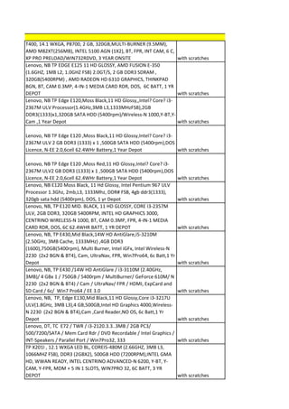 T400, 14.1 WXGA, P8700, 2 GB, 320GB,MULTI-BURNER (9.5MM),
AMD M82XT(256MB), INTEL 5100 AGN (1X2), BT, FPR, INT CAM, 6 C,
XP PRO PRELOAD/WIN732RDVD, 3 YEAR ONSITE                          with scratches
Lenovo, NB TP EDGE E125 11 HD GLOSSY, AMD FUSION E-350
(1.6GHZ, 1MB L2, 1.0GHZ FSB) 2.0GT/S, 2 GB DDR3 SDRAM ,
320GB(5400RPM) , AMD RADEON HD 6310 GRAPHICS, THINKPAD
BGN, BT, CAM 0.3MP, 4-IN-1 MEDIA CARD RDR, DOS, 6C BATT, 1 YR
DEPOT                                                             with scratches
Lenovo, NB TP Edge E120,Moss Black,11 HD Glossy,,Intel? Core? i3-
2367M ULV Processor(1.4GHz,3MB L3,1333MHzFSB),2GB
DDR3(1333)x1,320GB SATA HDD (5400rpm)/Wireless-N 1000,Y-BT,Y-
Cam ,1 Year Depot                                                 with scratches

Lenovo, NB TP Edge E120 ,Moss Black,11 HD Glossy,Intel? Core? i3-
2367M ULV 2 GB DDR3 (1333) x 1 ,500GB SATA HDD (5400rpm),DOS
Licence, N-EE 2.0,6cell 62.4WHr Battery,1 Year Depot              with scratches

Lenovo, NB TP Edge E120 ,Moss Red,11 HD Glossy,Intel? Core? i3-
2367M ULV2 GB DDR3 (1333) x 1 ,500GB SATA HDD (5400rpm),DOS
Licence, N-EE 2.0,6cell 62.4WHr Battery,1 Year Depot                with scratches
Lenovo, NB E120 Moss Black, 11 Hd Glossy, Intel Pentium 967 ULV
Processor 1.3Ghz, 2mb,L3, 1333Mhz, DDR# FSB, 4gb ddr3(1333),
320gb sata hdd (5400rpm), DOS, 1 yr Depot                           with scratches
Lenovo, NB, TP E120 MID. BLACK, 11 HD GLOSSY, CORE I3-2357M
ULV, 2GB DDR3, 320GB 5400RPM, INTEL HD GRAPHICS 3000,
CENTRINO WIRELESS-N 1000, BT, CAM 0.3MP, FPR, 4-IN-1 MEDIA
CARD RDR, DOS, 6C 62.4WHR BATT, 1 YR DEPOT                          with scratches
Lenovo, NB, TP E430,Mid Black,14W HD AntiGlare,i5-3210M
(2.50GHz, 3MB Cache, 1333MHz) ,4GB DDR3
(1600),750GB(5400rpm), Multi Burner, Intel iGFx, Intel Wireless-N
2230 (2x2 BGN & BT4), Cam, UltraNav, FPR, Win7Pro64, 6c Batt,1 Yr
Depot                                                               with scratches
Lenovo, NB, TP E430 /14W HD AntiGlare / i3-3110M (2.40GHz,
3MB)/ 4 GBx 1 / 750GB / 5400rpm / MultiBurner/ GeForce 610M/ N
2230 (2x2 BGN & BT4) / Cam / UltraNav/ FPR / HDMI, ExpCard and
SD Card / 6c/ Win7 Pro64 / EE 3.0                                   with scratches
Lenovo, NB, TP, Edge E130,Mid Black,11 HD Glossy,Core i3-3217U
ULV(1.8GHz, 3MB L3),4 GB,500GB,Intel HD Graphics 4000,Wireless-
N 2230 (2x2 BGN & BT4),Cam ,Card Reader,NO OS, 6c Batt,1 Yr
Depot                                                               with scratches
Lenovo, DT, TC E72 / TWR / i3-2120.3.3..3MB / 2GB PC3/
500/7200/SATA / Mem Card Rdr / DVD Recordable / Intel Graphics /
INT-Speakers / Parallel Port / Win7Pro32, 333                       with scratches
TP X201I , 12.1 WXGA LED BL, COREI5-480M (2.66GHZ, 3MB L3,
1066MHZ FSB), DDR3 (2GBX2), 500GB HDD (7200RPM),INTEL GMA
HD, WWAN READY, INTEL CENTRINO ADVANCED-N 6200, Y-BT, Y-
CAM, Y-FPR, MDM + 5 IN 1 SLOTS, WIN7PRO 32, 6C BATT, 3 YR
DEPOT                                                               with scratches
 