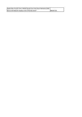 Apple Mac Pro/DT One 2.8GHZ Quad-Core Intel Xeon Nehalem/3GB
Ram/1TB HDD/ATI Radeon HD 5770/18x DLSD""                    BNEW EOL
 