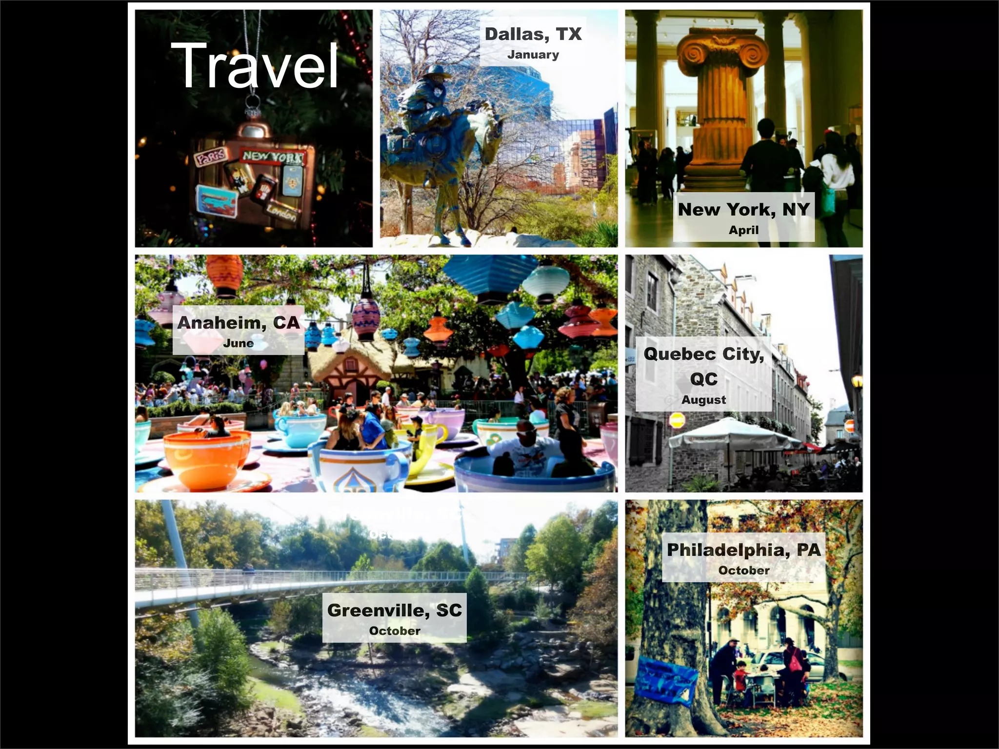 Dallas, TX

Travel                           January




                                               New York, NY
                                                        April




Anaheim, CA
    June
                                            Quebec City,
                                                QC
                                               August




              Greenville, SC
                  October
                                              Philadelphia, PA
                                                   October


              Greenville, SC
                  October
 