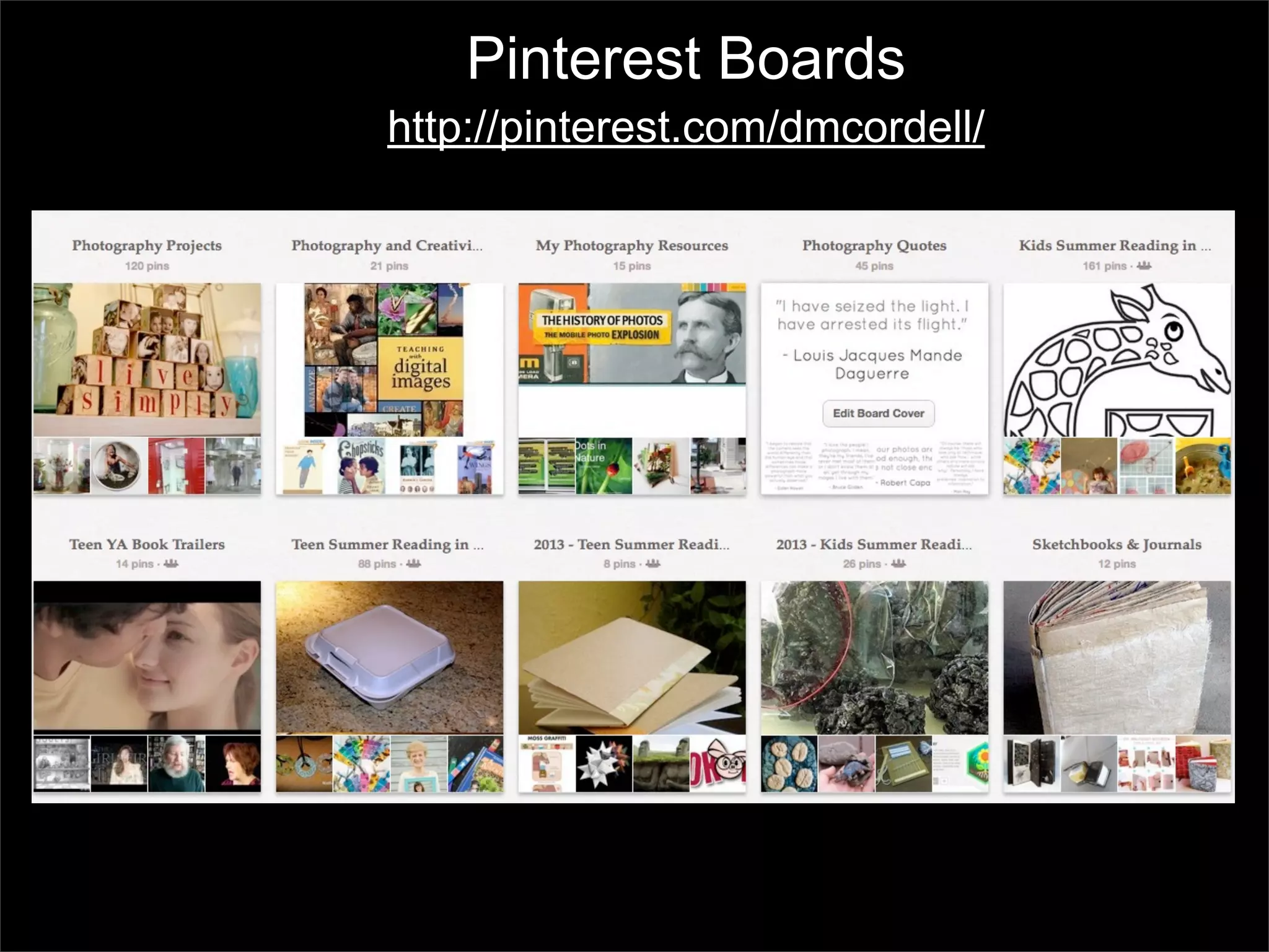 Pinterest Boards
http://pinterest.com/dmcordell/
 