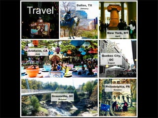 Dallas, TX

Travel                           January




                                               New York, NY
                                                        April




Anaheim, CA
    June
                                            Quebec City,
                                                QC
                                               August




              Greenville, SC
                  October
                                              Philadelphia, PA
                                                   October


              Greenville, SC
                  October
 