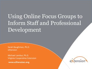 Using Online Focus Groups to
Inform Staff and Professional
Development
Sarah Baughman, Ph.D.
eXtension
Michael Lambur, Ph.D.
Virginia Cooperative Extension
 