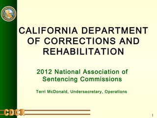 1
CALIFORNIA DEPARTMENT
OF CORRECTIONS AND
REHABILITATION
2012 National Association of
Sentencing Commissions
Terri McDonald, Undersecretary, Operations
 