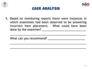 Case Analysis

5. Based on monitoring reports there were instances in
   which examinees had been observed to be answering
   incorrect item placement. What could have been
   done by the examiner? ___________________________
   _______________________________________________
   What can you recommend? _______________________
   _______________________________________________
   _______________________________________________




                                                    117
 