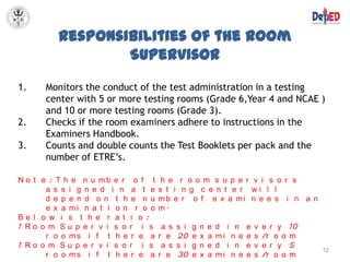 Responsibilities of the Room
                 Supervisor
1.    Monitors the conduct of the test administration in a testing
      center with 5 or more testing rooms (Grade 6,Year 4 and NCAE )
      and 10 or more testing rooms (Grade 3).
2.    Checks if the room examiners adhere to instructions in the
      Examiners Handbook.
3.    Counts and double counts the Test Booklets per pack and the
      number of ETRE’s.

N o t e : T h e n u mb e r o f t     h e r o o m s u p e r v i s o r s
       a s s i g n e d i n a t e    s t i n g c e n t e r wi l l
       d e p e n d o n t h e n u    mb e r o f e x a mi n e e s i n a n
       e x a mi n a t i o n r o o   m.
Be l o w i s t h e r a t i o :
1 Ro o m Su p e r v i s o r i s      a s   s i   g   n   e   d i n    e   v   e r y    10
       r o o ms i f t h e r e a     r e    20    e   x   a   mi n e   e   s   /r o o   m
1 Ro o m Su p e r v i s o r i s      a s   s i   g   n   e   d i n    e   v   e r y    5
                                                                                            12
       r o o ms i f t h e r e a     r e    30    e   x   a   mi n e   e   s   /r o o   m
 
