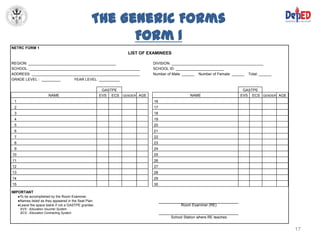The Generic Forms
                                                         Form 1
NETRC FORM 1
                                                                  LIST OF EXAMINEES

REGION: __________________________________________                           DIVISION: ____________________________________________
SCHOOL: _____________________________________________________                SCHOOL ID: _______________________
ADDRESS: ____________________________________________________                Number of Male: ______ Number of Female: ______ Total: ______
GRADE LEVEL : _________       YEAR LEVEL: __________

                                                         GASTPE                                                            GASTPE
                        NAME                            EVS ECS GENDER AGE                      NAME                      EVS ECS GENDER AGE
 1                                                                           16
 2                                                                           17
 3                                                                           18
 4                                                                           19
 5                                                                           20
 6                                                                           21
 7                                                                           22
 8                                                                           23
 9                                                                           24
10                                                                           25
11                                                                           26
12                                                                           27
13                                                                           28
14                                                                           29
15                                                                           30

IMPORTANT
     ●To be accomplished by the Room Examiner.
     ●Names listed as they appeared in the Seat Plan.
     ●Leave the space blank if not a GASTPE grantee.                                       Room Examiner (RE)
      EVS - Education Voucher System
      ECS - Education Contracting System
                                                                                      School Station where RE teaches


                                                                                                                                               17
 