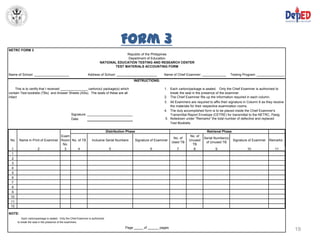 Form 3
NETRC FORM 3
                                                                                        Republic of the Philippines
                                                                                         Department of Education
                                                                           NATIONAL EDUCATION TESTING AND RESEARCH CENTER
                                                                                  TEST MATERIALS ACCOUNTING FORM

Name of School: ___________________                              Address of School: ______________________           Name of Chief Examiner: _____________         Testing Program: _______________
                                                                                                   INSTRUCTIONS:

     This is to certify that I received _______________ carton(s)/ package(s) which                                  1. Each carton/package is sealed. Only the Chief Examiner is authorized to
contain Test booklets (TBs) and Answer Sheets (ASs). The seals of these are all                                         break the seal in the presence of the examiner.
intact                                                                                                               2. The Chief Examiner fills up the information required in each column.
                                                                                                                     3. All Examiners are required to affix their signature in Column 6 as they receive
                                                                                                                         the materials for their respective examination rooms.
                                                                                                                     4. The duly accomplished form is to be placed inside the Chief Examiner's
                                                   Signature: ___________________________                                Transmittal Report Envelope (CETRE) for transmittal to the NETRC, Pasig
                                                   Date:                                                              5. Notedown under "Remarks" the total number of defective and replaced
                                                                                                                         Test Booklets.

                                                                                  Distribution Phase                                              Retrieval Phase
                                  Exam                                                                                                No. of
                                                                                                                            No. of              Serial Number(s)
 No.    Name in Print of Examiner Room No. of TB                    Inclusive Serial Numbers       Signature of Examiner             Unused                         Signature of Examiner   Remarks
                                                                                                                           Used TB               of Unused TB
                                   No.                                                                                                 TB
  1                 2               3      4                                        5                       6                7          8               9                    10                 11
  1
  2
  3
  4
  5
  6
  7
  8
  9
 10
 11
 12

NOTE:
           Each carton/package is sealed. Only the Chief Examiner is authorized
       to break the seal in the presence of the examiners

                                                                                              Page _____ of ______ pages
                                                                                                                                                                                                          19
 