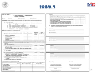 Form 4
NETRC Form 4                                                                                                                       Post Test
                               Chief Examiner’s Report Form
                                                                                                                                         Describe the procedure adopted by the Examiner in the retrieval of test                                     Evident           Not Evident
                               Testing Program: ___________                                                                              booklets and Answer Sheets
                                                                                                                                         1. Examiners required each examinee to insert first the Answer Sheet in the test
Region: _____ Division: ___________ Date of Testing: ________                 Testing Center: ______________                             booklet before he/she submits to the examiner ......................................................   ....................   …………….
                                                                                                                                         2. Examiners checked the number of test booklets and Answer Sheets before
Directions: Please complete/answer truthfully and objectively all the subsequent indicators.                                             he/she dismisses the examinees ……………………………………………….………                                                  ....................   …………….
                                                                                                                                         3. Examiners arranged the TBs and ASs according to serial numbers ……………                                ……………                  …………….
    A.   Fill in the blanks                                                                                                              4. Examiners placed the used Answer Sheets in original plastic bags            …………….                  ……………                  …………….
              1. Number of testing rooms : Morning session _____ Afternoon session ______
                                                                                                                                         5. Examiners sealed the ETRE while still inside the examination room .………                    ….        ……………                  …………….
              2. Total enrolment/registrants of (grade/year) _______
                  Male ______ Female _____ Total _______
              3. Total number of examinees: AM Session: ______ PM Session: ______                                                  E.       Specify the problem(s) encountered, solution(s) you gave and recommend measures to
              4. Total number of absences: AM Session: ______ PM Session: ______                                                            improve the conduct of future national test.
              5. Time when the test materials were distributed to Room Examiners
                  AM Session :  From ________ to ________
                  PM Session :  From ________ to ________                                                                          Problem 1: ___________________________________________________________________________
                                                                                                                                   ______________________________________________________________________________________
B. Pre-test Activities on Examination Day                                                                                          Solution/s made: ______________________________________________________________________
                                                                                                                                   ______________________________________________________________________________________
                                                                                         Number of                Room             Recommendation/s: ___________________________________________________________________
   Describe the pre-test activities in terms of the        Sufficient    Insufficient     Needed               Number with
   following:                                                                            Additional            Insufficiency
                                                                                                                                   ______________________________________________________________________________________
                                                                                          Copies
   1. Sufficiency of Test Materials:
      1.1 Test booklet ………………………………                        ………….         ………….             ………….               …………….
      1.2 Scannable Answer Sheet ………………                    ………….         ………….             ………….               …………….              Problem 2: ___________________________________________________________________________
      1.3 Accounting Form ………………………..                      ………….         ………….             ………….               …………….              ______________________________________________________________________________________
      1.4 CETRE & ETRE …………………………                          ………….         ………….             ………….               ……………..
                                                                                                                                   Solution/s made: ______________________________________________________________________
      1.5 Seat Plan …………………………………                          ………….         ………….             ………….               …………….
      1.6 Examiner’s Handbook…………………….                     ………….         ………….             ………….               …………….              ______________________________________________________________________________________
                                                                                                                                   Recommendation/s: ___________________________________________________________________
                                                                                                Yes                 None           ______________________________________________________________________________________
   2. Was there a problem met on the used school ID in the packing of test
      materials? …………………………………………………………………………                                           ....................    …………….
      If yes, state the problem met _______________________________________
                                                                                            Evident            Not Evident              Problem 3: ___________________________________________________________________________
   3. Testing rooms are ready:                                                                                                          ______________________________________________________________________________________
       3.1 The first and the last rows of seats are close as possible to the walls to
                                                                                                                                        Solution/s made: ______________________________________________________
                                                                                                                                                                                                              ________________
       allow enough space ………………………………………                                               …………                   ……………
       3.2 Lists of Examinees at the door of each Testing Room are posted already…      …………                   …................        ______________________________________________________________________________________
                                                                                                                                        Recommendation/s: ___________________________________________________ ________________
                                                                                                                                        ______________________________________________________________________________________
    C.   Test Proper

   Rate the examiners based on the following aspects:                                       Evident            Not Evident
   1. Testing discipline is imposed strictly.                                                                                           Problem 4: ___________________________________________________________ ________________
       1.1 No unnecessary noise while the exam is in progress . . . . …………….            ……………                  ……………
       1.2 Cheating in any form is strictly prohibited (e.g. talking to co-
                                                                                                                                        ______________________________________________________________________ ________________
           testees, use of dictionary, cell phone, calculator, and the like)…………        ………….                  ……………                    Solution/s made: ______________________________________________________________________
   2. Refraining from the following are strictly followed:                                                                              ______________________________________________________________________ ________________
      2.1 reading/copying test items in the test booklet…………………………….                    ………….                  ……………                    Recommendation/s: ___________________________________________________  ________________
      2.2 explaining/translating to the examinees certain word/s used                                                                   _______________________________________________________________ _______________________
          in the item……………………………………………………………………...                                      ………….                  ……………
      3. Examiners keep custody on the TBs and ASs…………………………………                          ……………                 ……………

Condition of the Test Booklets (TB’s)
                                                                                                                                   Prepared by:                                                                      Attested by:
                                        No. of        Room Numbers with TB’s            Serial Numbers of TB’s Not in
                                        Rooms          Not in Good Condition                    Good Condition                     _______________________________                                                   _________________________________
 In good condition                                                                                                                     Name of the Chief Examiner                                                     Name of the Monitor (NETRC Rep.)
 Not in good condition                                                                                                                (Signature over Printed Name)                                                    (Signature over Printed Name)
  -with misprints
 -with same serial numbers
                                                                                                                                   ________________________________                                                      __________________________
 -with blurred serial numbers
 -without serial numbers                                                                                                                        School                                                                       Designation/Position
 Other Problems:
 ____________________________                                                                                                             _________________________                                                                                                                  20
 ____________________________                                                                                                               Designation/Position
 