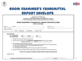 Room Examiner’s Transmittal
                Report Envelope
                                                            Republic of the Philippines
                                                          DEPARTMENT OF EDUCATION
                                          NATIONAL EDUCATION TESTING AND RESEARCH CENTER
                                       2nd Floor, Mabini Bldg., DepED Complex, Meralco Avenue, Pasig City

                           ROOM EXAMINER’S TRANSMITTAL REPORT ENVELOPE (ETRE)
                                                                 (Brown Envelope)

Region: ________ Division: __________________________________________________________            School ID: _____________________
Name of School: ___________________________________________________________________              Type of School: ____________________________________
Address of School: _________________________________________________________________
                       Street   Barangay       Municipality      Province/City


      ROOM NUMBER: ______
            No. of Registrants:       Male _____ Female ______         Total ______
            No. of Examinees:         Male _____ Female ______         Total ______

               1. Arrange the used Answer Sheets consecutively.
               2. Double check the number of used SCANNABLE ANSWER SHEETS and fill up the following:
                                     Quantity of used AS: ______ Serial No. ____________ to __________
               3. Place inside this ETRE the following contents:
                  3.1 Used Answer Sheets with serial numbers arranged consecutively placed in the original plastic bag
                  3.2 One copy of the NETRC Form 1 back to back with NETRC Form 2
                  3.3 Examiner’s Narrative Report
                  3.4 Time started and ended, copied from the board and signed by the Examiner
               4. Seal this ETRE with the DepED-NETRC paper tape and sign across while still in the examination room.

                                  * DO NOT PUT UNUSED SCANNABLE ANSWER SHEET/S INSIDE THIS ENVELOPE.

      SUBMITTED BY:


            ___________________________________________                                    _______________________________________
              Signature over Printed Name of Room Examiner                                                  School                                      23
 