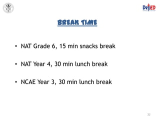 BREAK TIME


• NAT Grade 6, 15 min snacks break

• NAT Year 4, 30 min lunch break

• NCAE Year 3, 30 min lunch break




                                     32
 