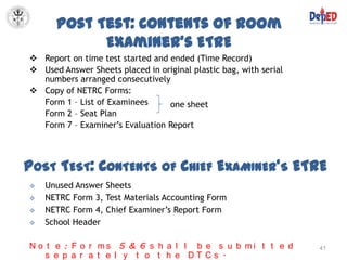Post Test: Contents of Room
            Examiner’s ETRE
 Report on time test started and ended (Time Record)
 Used Answer Sheets placed in original plastic bag, with serial
  numbers arranged consecutively
 Copy of NETRC Forms:
  Form 1 – List of Examinees      one sheet
  Form 2 – Seat Plan
  Form 7 – Examiner’s Evaluation Report




POST TEST: CONTENTS OF CHIEF EXAMINER’S ETRE
   Unused Answer Sheets
   NETRC Form 3, Test Materials Accounting Form
   NETRC Form 4, Chief Examiner’s Report Form
   School Header

N o t e : F o r ms 5 & 6 s h a l l b e s u b mi t t e d            41
    s e p a r a t e l y t o t h e DT Cs .
 