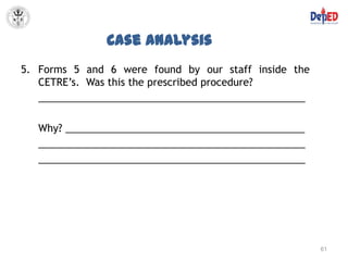 Case Analysis
5. Forms 5 and 6 were found by our staff inside the
   CETRE’s. Was this the prescribed procedure?
   ________________________________________________

   Why? ___________________________________________
   ________________________________________________
   ________________________________________________




                                                      61
 