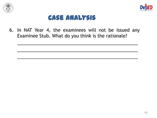 Case Analysis
6. In NAT Year 4, the examinees will not be issued any
   Examinee Stub. What do you think is the rationale?
   ________________________________________________
   ________________________________________________
   ________________________________________________




                                                         62
 
