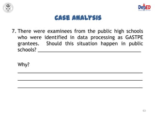 Case Analysis
7. There were examinees from the public high schools
   who were identified in data processing as GASTPE
   grantees. Should this situation happen in public
   schools? ______________________________________

  Why?
  ______________________________________________
  ______________________________________________
  ______________________________________________



                                                   63
 
