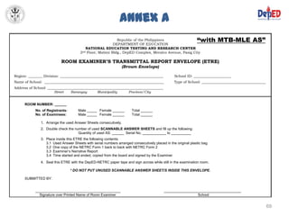 Annex A
                                                            Republic of the Philippines                        “with MTB-MLE AS”
                                                          DEPARTMENT OF EDUCATION
                                          NATIONAL EDUCATION TESTING AND RESEARCH CENTER
                                       2nd Floor, Mabini Bldg., DepED Complex, Meralco Avenue, Pasig City

                           ROOM EXAMINER’S TRANSMITTAL REPORT ENVELOPE (ETRE)
                                                                 (Brown Envelope)

Region: ________ Division: __________________________________________________________            School ID: _____________________
Name of School: ___________________________________________________________________              Type of School: ____________________________________
Address of School: _________________________________________________________________
                       Street   Barangay       Municipality      Province/City


      ROOM NUMBER: ______
            No. of Registrants:       Male _____ Female ______         Total ______
            No. of Examinees:         Male _____ Female ______         Total ______

               1. Arrange the used Answer Sheets consecutively.
               2. Double check the number of used SCANNABLE ANSWER SHEETS and fill up the following:
                                     Quantity of used AS: ______ Serial No. ____________ to __________
               3. Place inside this ETRE the following contents:
                  3.1 Used Answer Sheets with serial numbers arranged consecutively placed in the original plastic bag
                  3.2 One copy of the NETRC Form 1 back to back with NETRC Form 2
                  3.3 Examiner’s Narrative Report
                  3.4 Time started and ended, copied from the board and signed by the Examiner
               4. Seal this ETRE with the DepED-NETRC paper tape and sign across while still in the examination room.

                                  * DO NOT PUT UNUSED SCANNABLE ANSWER SHEET/S INSIDE THIS ENVELOPE.

      SUBMITTED BY:


            ___________________________________________                                    _______________________________________
              Signature over Printed Name of Room Examiner                                                  School


                                                                                                                                                        69
 
