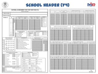 School Header (Y4)
                                             NATIONAL ACHIEVEMENT TEST FOR YEAR FOUR (Y4)
                                                                                                                                                                                                                                                                             NO. OF TEACHERS BY                                          NUMBER OF TEACHERS (School)                                          NUMBER OF TEACHERS (School)
                                                                                                                                                                                                                        NO. OF TEACHERS             NON-TEACHING
                                                                                             Sch ool H ea der                                                                                                                                                                     GENDER                                                                                                                     COMPLETED           COMPLETED            COMPLETED
                                                                                                                                                                                                                        W/ TEACHING LOAD (S)                                                                           TEACHER I           TEACHER II       TEACHER III          MASTER TEACHER
                                                                                                                                                                                                                                                    PERSONNEL                    MALE         FEMALE                                                                                                        BACHELOR'S DEGREE   MASTER'S DEGREE     DOCTORAL DEGREE

     NAME OF SCHOOL

                                                                                                                                                                                                                        0    0      0     0         0   0    0   0           0    0     0    0   0     0           0     0     0     0    0   0   0   0    0    0    0     0    0     0    0   0             0     0       0    0     0       0     0     0     0
 ADDRESS OF SCHOOL
                                                                                                                                                                                                                        1    1      1     1         1   1    1   1           1    1     1    1   1     1           1     1     1     1    1   1   1   1    1    1    1     1    1     1    1   1             1     1       1    1     1       1     1     1     1
                                                                            TOTAL ENROLMENT as of July 30 (Y4)                    NUMBER OF ACTUAL EXAMINEES (Y4)                           HEADED BY                   2    2      2     2         2   2    2   2           2    2     2    2   2     2           2     2     2     2    2   2   2   2    2    2    2     2    2     2    2   2             2     2       2    2     2       2     2     2     2
     SCHOOL ID                           REG                DIV
                                                                                                                                                                                                                        3    3      3     3         3   3    3   3           3    3     3    3   3     3           3     3     3     3    3   3   3   3    3    3    3     3    3     3    3   3             3     3       3    3     3       3     3     3     3
                                                                                  MALE                  FEMALE                          MALE                     FEMALE                     PRINCIPAL I
                                        1          A                                                                                                                                        PRINCIPAL II                4    4      4     4         4   4    4   4           4    4     4    4   4     4           4     4     4     4    4   4   4   4    4    4    4     4    4     4    4   4             4     4       4    4     4       4     4     4     4
                                        2          B      0      0      0     0      0   0   0    0    0    0    0   0        0     0    0     0     0     0    0    0    0   0             PRINCIPAL III               5    5      5     5         5   5    5   5           5    5     5    5   5     5           5     5     5     5    5   5   5   5    5    5    5     5    5     5    5   5             5     5       5    5     5       5     5     5     5
                                        3          C      1      1      1     1      1   1   1    1    1    1    1   1        1     1    1     1     1     1    1    1    1   1             PRINCIPAL IV                6    6      6     6         6   6    6   6           6    6     6    6   6     6           6     6     6     6    6   6   6   6    6    6    6     6    6     6    6   6             6     6       6    6     6       6     6     6     6
                                        4A         D1     2      2      2     2      2   2   2    2    2    2    2   2        2     2    2     2     2     2    2    2    2   2             TIC/OIC                     7    7      7     7         7   7    7   7           7    7     7    7   7     7           7     7     7     7    7   7   7   7    7    7    7     7    7     7    7   7             7     7       7    7     7       7     7     7     7
                                        4B         D2            3      3     3      3   3   3    3    3    3    3   3        3     3    3     3     3     3    3    3    3   3             HEAD TEACHER I              8    8      8     8         8   8    8   8           8    8     8    8   8     8           8     8     8     8    8   8   8   8    8    8    8     8    8     8    8   8             8     8       8    8     8       8     8     8     8
                                        5          E             4      4     4      4   4   4    4    4    4    4   4        4     4    4     4     4     4    4    4    4   4             HEAD TEACHER II             9    9      9     9         9   9    9   9           9    9     9    9   9     9           9     9     9     9    9   9   9   9    9    9    9     9    9     9    9   9             9     9       9    9     9       9     9     9     9
                                        6          F             5      5     5      5   5   5    5    5    5    5   5        5     5    5     5     5     5    5    5    5   5             HEAD TEACHER III

                                        7          G             6      6     6      6   6   6    6    6    6    6   6        6     6    6     6     6     6    6    6    6   6             HEAD TEACHER IV
                                                                                                                                                                                                                                          NUMBER OF TEACHERS WHO ARE MAJOR/MINOR IN                                                                     NO. OF TEACHERS WHO ARE NON-MAJOR/MINOR BUT TEACHING THE SUBJECT
                                        8          H             7      7     7      7   7   7    7    7    7    7   7        7     7    7     7     7     7    7    7    7   7
                                        9          I             8      8     8      8   8   8    8    8    8    8   8        8     8    8     8     8     8    8    8    8   8                                             MATH                   ENGLISH           SCIENCE                FILIPINO           ARALIN PANLIPUNAN                  MATH              ENGLISH               SCIENCE                FILIPINO                 ARALIN PANLIPUNAN



                                        10         J             9      9     9      9   9   9    9    9    9    9   9        9     9    9     9     9     9    9    9    9   9
                                        11         K                                                                                                                                                                    0    0      0     0    0    0   0    0   0    0      0    0     0    0   0     0   0       0     0     0              0   0   0    0    0    0     0    0     0    0   0      0      0     0       0    0     0       0     0     0
                                        12         L                     IS THE SCHOOL SUPPORTED/                                                              LEGISLATIVE/CONGRESSIONAL DISTRICT                       1    1      1     1    1    1   1    1   1    1      1    1     1    1   1     1   1       1     1     1              1   1   1    1    1    1     1    1     1    1   1      1      1     1       1    1     1       1     1     1
                                                                                                                          DOES THE SCHOOL
                                       NCR         M                           SPONSORED BY                                                                    LONE DISTRICT                    4th DISTRICT
                                                                                                                            CONDUCT SPED                                                                                2    2      2     2    2    2   2    2   2    2      2    2     2    2   2     2   2       2     2     2              2   2   2    2    2    2     2    2     2    2   2      2      2     2       2    2     2       2     2     2
                                       CAR         N                 LOCAL GOVERNMENT                                        CLASSES? (S)                      1st DISTRICT                     5th DISTRICT            3    3      3     3    3    3   3    3   3    3      3    3     3    3   3     3   3       3     3     3              3   3   3    3    3    3     3    3     3    3   3      3      3     3       3    3     3       3     3     3
                                       ARMM        P                 NON-GOVERNMENT ORG                                            YES                         2nd DISTRICT                     6th DISTRICT            4    4      4     4    4    4   4    4   4    4      4    4     4    4   4     4   4       4     4     4              4   4   4    4    4    4     4    4     4    4   4      4      4     4       4    4     4       4     4     4
                                   CARAGA          R                 PRIVATE COMPANIES                                             NO                          3rd DISTRICT                                             5    5      5     5    5    5   5    5   5    5      5    5     5    5   5     5   5       5     5     5              5   5   5    5    5    5     5    5     5    5   5      5      5     5       5    5     5       5     5     5
                                                                     INDIVIDUAL DONOR                                                                                                                                   6    6      6     6    6    6   6    6   6    6      6    6     6    6   6     6   6       6     6     6              6   6   6    6    6    6     6    6     6    6   6      6      6     6       6    6     6       6     6     6

            STUDENT-TEXTBOOK RATIO                                                           HIGH SCHOOL TYPE                                            PERCENTAGE RATE (Y4)                     WHEN WAS YOUR
                                                                                                                                                                                                                        7    7      7     7    7    7   7    7   7    7      7    7     7    7   7     7   7       7     7     7              7   7   7    7    7    7     7    7     7    7   7      7      7     7       7    7     7       7     7     7

               PER SUBJECT AREA (Y4)                                                                                                                                                              SCHOOL ESTABLISHED?
                                                                                                                                                                                                                        8    8      8     8    8    8   8    8   8    8      8    8     8    8   8     8   8       8     8     8              8   8   8    8    8    8     8    8     8    8   8      8      8     8       8    8     8       8     8     8
                                                                             NATIONAL BARANGAY/COMMUNITY HIGH SCHOOL                           DROP-OUT RETENTION SURVIVAL
                                                                                                                                                                                                                        9    9      9     9    9    9   9    9   9    9      9    9     9    9   9     9   9       9     9     9              9   9   9    9    9    9     9    9     9    9   9      9      9     9       9    9     9       9     9     9
ENGLISH                                                                      NATIONAL COMPREHENSIVE HIGH SCHOOL
           3*:1       2:1        1:1         1:2        1:3**                INTEGRATED SCHOOL                                                 0     0     0    0    0    0   0     0   0        0     0     0     0
                                                                                                                                                                                                                                 NUMBER OF TEACHERS TEACHING BY YEAR LEVEL                   NUMBER OF                                        NUMBER OF CLASSROOM FURNITURES                                                              NO. OF GASTPE SCHOLARS (Y4)
SCIENCE                                                                      PUBLIC SCIENCE HIGH SCHOOL                                        1     1     1    1    1    1   1     1   1        1     1     1     1
                                                                                                                                                                                                                        1ST YEAR 2ND YEAR 3RD YEAR 4TH YEAR                                  CLASSROOMS
                                                                                                                                                                                                                                                                                                                             CHAIR                ARM CHAIR                    DESK                  LONG TABLE W/ CHAIR                    EVS                ECS
           3*:1       2:1        1:1         1:2        1:3**                PUBLIC VOCATIONAL HIGH SCHOOL                                     2     2     2    2    2    2   2     2   2        2     2     2     2
MATHEMATICS                                                                  STATE COLLEGE/UNIVERSITY HIGH SCHOOL                              3     3     3    3    3    3   3     3   3              3     3     3
                                                                                                                                                                                                                        0    0      0     0    0    0   0    0   0    0      0    0          0   0     0           0     0     0     0    0   0   0   0    0    0    0     0    0     0    0   0      0      0     0       0          0       0     0     0     0     0
           3*:1       2:1        1:1         1:2        1:3**                PRIVATE SECTARIAN HIGH SCHOOL                                     4     4     4    4    4    4   4     4   4              4     4     4
                                                                                                                                                                                                                        1    1      1     1    1    1   1    1   1    1      1    1          1   1     1           1     1     1     1    1   1   1   1    1    1    1     1    1     1    1   1      1      1     1       1          1       1     1     1     1     1
FILIPINO                                                                     PRIVATE NON-SECTARIAN                                             5     5     5    5    5    5   5     5   5              5     5     5
                                                                                                                                                                                                                        2    2      2     2    2    2   2    2   2    2      2    2          2   2     2           2     2     2     2    2   2   2   2    2    2    2     2    2     2    2   2      2      2     2       2          2       2     2     2     2     2
           3*:1       2:1        1:1         1:2        1:3**                PRIVATE SCIENCE HIGH SCHOOL                                       6     6     6    6    6    6   6     6   6              6     6     6
                                                                                                                                                                                                                        3    3      3     3    3    3   3    3   3    3      3    3          3   3     3           3     3     3     3    3   3   3   3    3    3    3     3    3     3    3   3      3      3     3       3          3       3     3     3     3     3
ARALING PANLIPUNAN                                                           PRIVATE VOCATIONAL HIGH SCHOOL                                    7     7     7    7    7    7   7     7   7              7     7     7
                                                                                                                                                                                                                        4    4      4     4    4    4   4    4   4    4      4    4          4   4     4           4     4     4     4    4   4   4   4    4    4    4     4    4     4    4   4      4      4     4       4          4       4     4     4     4     4
           3*:1       2:1        1:1         1:2        1:3**                                                                                  8     8     8    8    8    8   8     8   8              8     8     8
                                                                                                                                                                                                                        5    5      5     5    5    5   5    5   5    5      5    5          5   5     5           5     5     5     5    5   5   5   5    5    5    5     5    5     5    5   5      5      5     5       5          5       5     5     5     5     5
          *3 or more pupils / ** 3 or more textbooks                                                                                           9     9     9    9    9    9   9     9   9              9     9     9
                                                                                                                                                                                                                        6    6      6     6    6    6   6    6   6    6      6    6          6   6     6           6     6     6     6    6   6   6   6    6    6    6     6    6     6    6   6      6      6     6       6          6       6     6     6     6     6

                  DOES THE SCHOOL HAVE THE FOLLOWING                                                                     SCHOOL LOCATION                                                                                7    7      7     7    7    7   7    7   7    7      7    7          7   7     7           7     7     7     7    7   7   7   7    7    7    7     7    7     7    7   7      7      7     7       7          7       7     7     7     7     7
                               (Y FOR YES ; N FOR NO)                                                 WITHIN THE CITY PROPER                       HINTERLAND                                                           8    8      8     8    8    8   8    8   8    8      8    8          8   8     8           8     8     8     8    8   8   8   8    8    8    8     8    8     8    8   8      8      8     8       8          8       8     8     8     8     8

 Y    N    SCIENCE LABORATORY                      Y      N     INDUSTRIAL ARTS ROOM                  OUTSIDE THE CITY PROPER                      COASTAL AREA                                                         9    9      9     9    9    9   9    9   9    9      9    9          9   9     9           9     9     9     9    9   9   9   9    9    9    9     9    9     9    9   9      9      9     9       9          9       9     9     9     9     9

 Y    N    COMPUTER LABORATORY                     Y      N     SCHOOL PLAYGROUND                     WITHIN THE TOWN PROPER                       ON AN ISLET
 Y    N    SPEECH LABORATORY                       Y      N     POTABLE DRINKING                      OUTSIDE THE TOWN PROPER                                                                                           NO. OF 1ST YEAR STUDENTS                 NO. OF 2ND YEAR STUDENTS                  NO. OF 3RD YEAR STUDENTS                         NO. OF GASTPE SCHOLARS (Y1)    NO. OF GASTPE SCHOLARS (Y2)           NO. OF GASTPE SCHOLARS (Y3)


 Y    N    CANTEEN                                                   WATER
                                                                                                                                                                                                                            MALE                   FEMALE             MALE                  FEMALE                MALE                   FEMALE                EVS             ECS             EVS               ECS                EVS                  ECS

 Y    N    MULTI-PURPOSE HALL                      Y      N     ELECTRICITY SUPPLY               1. Do you conduct reviews before your pupils take the NAT?
 Y    N    AUDIO-VISUAL ROOM                                    INTERNET ACCESS/                           Yes                     No                               Yes, to some extent                                 0    0      0     0    0    0   0    0   0    0      0    0     0    0   0     0   0       0     0     0     0    0   0   0        0    0    0     0    0     0    0   0      0      0     0       0    0     0       0     0     0     0

 Y    N    FACULTY ROOM                                              CONNECTION                  2. Do you keep track of the yearly NAT results of your school?                                                         1    1      1     1    1    1   1    1   1    1      1    1     1    1   1     1   1       1     1     1     1    1   1   1        1    1    1     1    1     1    1   1      1      1     1       1    1     1       1     1     1     1

 Y    N    GUIDANCE COUNSELOR ROOM                 Y      N     WELL-VENTILATED                            Yes                     No                               Yes, to some extent                                 2    2      2     2    2    2   2    2   2    2      2    2     2    2   2     2   2       2     2     2     2    2   2   2        2    2    2     2    2     2    2   2      2      2     2       2    2     2       2     2     2     2

 Y    N    SPORTS FACILITIES                                         CLASSROOMS                  3. If yes, how did you attain the NAT results of your school?                                                          3    3      3     3    3    3   3    3   3    3      3    3     3    3   3     3   3       3     3     3     3    3   3   3        3    3    3     3    3     3    3   3      3      3     3       3    3     3       3     3     3     3
 Y    N    COMFORT ROOMS                           Y      N     PROPERLY LIGHTED                           website                 Division Office                  other means                                         4    4      4     4    4    4   4    4   4    4      4    4     4    4   4     4   4       4     4     4     4    4   4   4        4    4    4     4    4     4    4   4      4      4     4       4    4     4       4     4     4     4

 Y    N    HOME ECONOMIC ROOMS                                       CLASSROOMS                  4. In what way does your school utilize the NAT results?                                                               5    5      5     5    5    5   5    5   5    5      5    5     5    5   5     5   5       5     5     5     5    5   5   5        5    5    5     5    5     5    5   5      5      5     5       5    5     5       5     5     5     5

                                                                                                           intervention                      Remedial Instruction                                                       6    6      6     6    6    6   6    6   6    6      6    6     6    6   6     6   6       6     6     6     6    6   6   6        6    6    6     6    6     6    6   6      6      6     6       6    6     6       6     6     6     6
          IS YOUR SCHOOL CLASSIFIED AS (Y FOR YES ; N FOR NO)                                    5. To what extent are computers used by the students in school?                                                        7    7      7     7    7    7   7    7   7    7      7    7     7    7   7     7   7       7     7     7     7    7   7   7        7    7    7     7    7     7    7   7      7      7     7       7    7     7       7     7     7     7
 Y    N    SEDIP                                   Y      N     w/ GASTPE Grantees                         Large extent            Some extent                      Little extent                                       8    8      8     8    8    8   8    8   8    8      8    8     8    8   8     8   8       8     8     8     8    8   8   8        8    8    8     8    8     8    8   8      8      8     8       8    8     8       8     8     8     8

 Y    N    ALIVE                                                (Private Schools)                6. Are teachers teaching the core subjects (Science, Math, English, Filipino,                                          9    9      9     9    9    9   9    9   9    9      9    9     9    9   9     9   9       9     9     9     9    9   9   9        9    9    9     9    9     9    9   9      9      9     9       9    9     9       9     9     9     9
 Y    N    STRIVE                                                                                     Araling Panlipunan) involved in other school activites?
 Y    N    Child-Friendly (Public School)                                                                  Yes                     No                               Yes, to some extent                                                                                                                                                                                                                                                      76
                                                                                                                                                                                                                                                                                                                                                                                                                                    March 2012
 