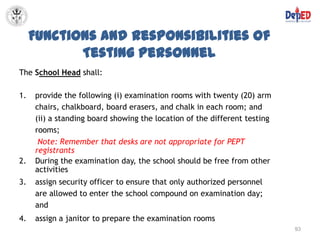 Functions and Responsibilities of
            Testing Personnel
The School Head shall:

1.   provide the following (i) examination rooms with twenty (20) arm
     chairs, chalkboard, board erasers, and chalk in each room; and
     (ii) a standing board showing the location of the different testing
     rooms;
      Note: Remember that desks are not appropriate for PEPT
     registrants
2.   During the examination day, the school should be free from other
     activities
3.   assign security officer to ensure that only authorized personnel
     are allowed to enter the school compound on examination day;
     and
4.   assign a janitor to prepare the examination rooms
                                                                           93
 