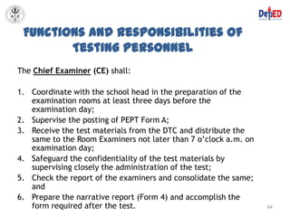 Functions and Responsibilities of
        Testing Personnel
The Chief Examiner (CE) shall:

1. Coordinate with the school head in the preparation of the
   examination rooms at least three days before the
   examination day;
2. Supervise the posting of PEPT Form A;
3. Receive the test materials from the DTC and distribute the
   same to the Room Examiners not later than 7 o’clock a.m. on
   examination day;
4. Safeguard the confidentiality of the test materials by
   supervising closely the administration of the test;
5. Check the report of the examiners and consolidate the same;
   and
6. Prepare the narrative report (Form 4) and accomplish the
   form required after the test.                                 94
 