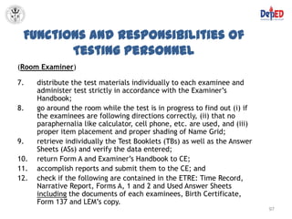 Functions and Responsibilities of
        Testing Personnel
(Room Examiner)

7.    distribute the test materials individually to each examinee and
      administer test strictly in accordance with the Examiner’s
      Handbook;
8.    go around the room while the test is in progress to find out (i) if
      the examinees are following directions correctly, (ii) that no
      paraphernalia like calculator, cell phone, etc. are used, and (iii)
      proper item placement and proper shading of Name Grid;
9.    retrieve individually the Test Booklets (TBs) as well as the Answer
      Sheets (ASs) and verify the data entered;
10.   return Form A and Examiner’s Handbook to CE;
11.   accomplish reports and submit them to the CE; and
12.   check if the following are contained in the ETRE: Time Record,
      Narrative Report, Forms A, 1 and 2 and Used Answer Sheets
      including the documents of each examinees, Birth Certificate,
      Form 137 and LEM’s copy.
                                                                            97
 