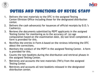 Duties and Functions of NETRC Staff
1.   Delivers the test materials to the DTC in the assigned Testing
     Center/Division Office including those for the designated distribution
     center.
2.   Delivers the cash advance(s) for issuances of official receipts by D.O.’s
     Cashier(s).
3.   Reviews the documents submitted by PEPT applicants in the assigned
     Testing Center for monitoring as to the accuracy of: (a) age
     computation based on the examination date, (b) last level completed. A
     form is provided for this.
4.   Rectifies the entries in Form A based on the reviews informing the DTC
     about the corrections.
5.   Monitors the conduct of the PEPT in the assigned Testing Center. A form
     is provided for this.
6.   Counts the test booklets during the distribution and retrieval phases in
     the assigned Testing Center.
7.   Retrieves and accounts the test materials (TM’s) from the assigned
     Testing Center.
8.   Retrieves and accounts all test booklets released in the designated
     distribution center.
                                                                                 98
 