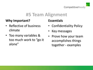 #5 Team Alignment
Why Important?              Essentials
• Reflective of business    • Confidentiality Policy
  climate                   • Key messages
• Too many variables &      • Prove how your team
  too much work to “go it     accomplishes things
  alone”                      together - examples
 