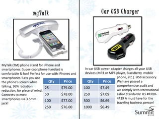 myTalk                                      C a r U S B C h a r ge r




MyTalk (TM) phone stand for iPhone and
smartphones. Super-cool phone handset is               In-car USB power adapter charges all your USB
comfortable & fun! Perfect for use with iPhones and    devices (MP3 or MP4 player, BlackBerry, mobile
smartphones! Lets you use                                                   phone, etc.). USB accessory.
the phone's screen while         Qty       Price         Qty       Price We have passed a
talking. 96% radiation                                                      comprehensive audit and
                              25          $79.00      100         $7.49
reduction, for piece of mind.                                               we comply with International
Connects to most              50          $78.00      250         $7.09     Labor Standards! ILS #R780-
smartphones via 3.5mm                                                       4429 A must have for the
                              100         $77.00      500         $6.69     traveling business person!
jack!
                             250        $76.00        1000       $6.49
 