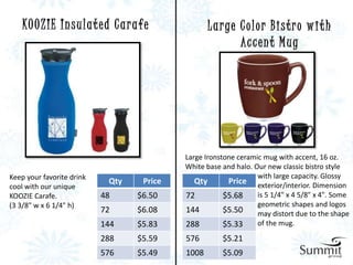 KO O Z I E I n s u l a t e d C a r a fe             L a r ge C o l o r B i s t r o w i t h
                                                                 Ac c e n t M u g




                                                 Large Ironstone ceramic mug with accent, 16 oz.
                                                 White base and halo. Our new classic bistro style
Keep your favorite drink                                               with large capacity. Glossy
                              Qty        Price      Qty       Price exterior/interior. Dimension
cool with our unique
KOOZIE Carafe.              48         $6.50     72          $5.68     is 5 1/4" x 4 5/8" x 4". Some
(3 3/8" w x 6 1/4" h)                                                  geometric shapes and logos
                            72         $6.08     144         $5.50     may distort due to the shape
                            144        $5.83     288         $5.33     of the mug.
                            288        $5.59     576        $5.21
                            576        $5.49     1008       $5.09
 