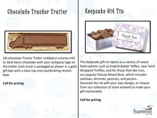 Chocolate Tractor Trailer                                 Ke e p s a ke G i t T i n




1lb chocolate Tractor Trailer molded in creamy milk
or dark Swiss chocolate with your company logo on        The Keepsake gift tin opens to a variety of sweet
the trailer. Each truck is packaged as shown in a gold   food options such as English Butter Toffee, new Twist
gift box with a clear top and coordinating stretch       Wrapped Truffles, and for those that like nuts,
bow.                                                     our popular Deluxe Mixed Nuts, which includes
                                                         cashews, almonds, peanuts, and pecans.
Call for pricing                                         Decorate the lid with your own design, or choose
                                                         from our collection of stock artwork to make your
                                                         gift memorable.

                                                         Call for pricing
 