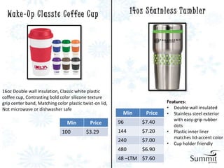 Wa ke - U p C l a s s i c C o ffe e C u p                    14 o z S t a i n l e s s T u m b l e r




16oz Double wall insulation, Classic white plastic
coffee cup, Contrasting bold color silicone texture
grip center band, Matching color plastic twist-on lid,                           Features:
Not microwave or dishwasher safe                                                 • Double wall insulated
                                                          Min          Price     • Stainless steel exterior
                                                                                    with easy-grip rubber
                                 Min         Price       96          $7.40
                                                                                    dots
                              100          $3.29         144         $7.20       • Plastic inner liner
                                                                                    matches lid-accent color
                                                         240         $7.00
                                                                                 • Cup holder friendly
                                                         480         $6.90
                                                         48 –LTM $7.60
 