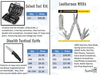 Leatherman MICRA
                           Select Tool Kit
                                Qty        Price
                             12+         $49.98


 15 piece tool kit includes: utility knife, 2
 screwdrivers, 5 hex key wrenches, claw hammer,
 double end screwdriver, insulation tape, 6" long nose
 pliers, measuring tape and voltage pen tester

      S t e a l t h T a c t i c a l K n i fe
                                                                           100% Stainless Steel Body,
                                                                           Spring-action Scissors,
                                 Qty           Price      Qty      Price   420HC Knife, Nail File,
                                                                           Nail Cleaner, Tweezers,
                              96          $5.00          24       $34.99   Extra-Small Screwdriver,
                              144         $4.75          101      $33.99   Medium Screwdriver,
                                                                           Flat/Phillips Screwdriver,
                              288         $4.55          151      $27.99   Ruler, Bottle Opener,
Features an easy carry pocket                                              Key Ring Attachment
clip &laser engraved partial  576         $4.45          264      $26.99
serrated blade. Also, liner   48 –LTM     $5.20
lock secures blade when open
 