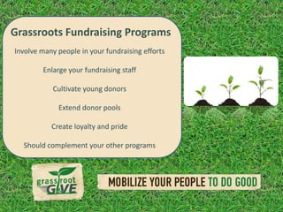 Grassroots Fundraising Programs
Involve many people in your fundraising efforts

 • The Enlarge your fundraising a
        term “grassroots” is staff
   term used to denote any
           Cultivate young donors
   kind of effort that derives
   most of Extend donor pools
            its power and
   reason for being from a
   community and from pride
          Create loyalty and
   common ordinary people.
  Should complement your other programs
 