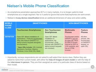 Nielsen’s Mobile Phone Classification
• As smartphone penetration approaches 50 % in many markets, it is no longer useful to treat
  smartphones as a single segment. Nor is it useful to ignore that some featurephones are semi-smart.
• Nielsen’s 4-way device classification lends an additional dimension of value and action-ability.

MOBILE                                                             SMARTPHONES                            NON-SMARTPHONES
PHONE
CLASS
                        Touchscreen Smartphones                             Non Touchscreen          Multimedia            Feature
                                                                            Smartphones              Phones                Phones

DEFINITION              Open OS* allows installation of                     Open OS* allows          Touchscreen and/or    All other
                        applications. Features touchscreen.                 installation of          QWERTY, but not       phones. (No
                        (May also feature QWERTY or                         applications. No         an open OS. Must      touchscreen,
                        alpha-numeric keypads alongside                     touchscreen. (Only       be able to access     no QWERTY
                        touchscreens).                                      devices with QWERTY or   Internet by WiFi or   keypad, no
                                                                            alpha-numeric keypads    2.5G upwards, and     open OS).
                        * Open OSs include: iOS, Android,
                                                                            are included).           has an HTML
                        Blackberry, Symbian, Maemo,
                                                                                                     browser.
                        Windows, Linux (Web OS), Bada


• Importantly, surveys respondents are not asked to self-select their device class. Rather they are
  asked to name their current model, with either the help of images of each model or with the help of
  the interviewer in person. They are then assigned as users of a particular class of device based on
  their model.
                                                                                                                                          10

    Copyright © 2012 The Nielsen Company. Confidential and proprietary.
 