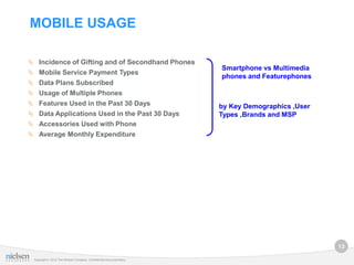 MOBILE USAGE

 Incidence of Gifting and of Secondhand Phones
                                                                       Smartphone vs Multimedia
 Mobile Service Payment Types
                                                                       phones and Featurephones
 Data Plans Subscribed
 Usage of Multiple Phones
 Features Used in the Past 30 Days                                    by Key Demographics ,User
 Data Applications Used in the Past 30 Days                           Types ,Brands and MSP
 Accessories Used with Phone
 Average Monthly Expenditure




                                                                                                   13

 Copyright © 2012 The Nielsen Company. Confidential and proprietary.
 
