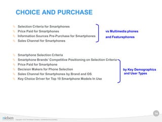 CHOICE AND PURCHASE

 Selection Criteria for Smartphones
 Price Paid for Smartphones                                           vs Multimedia phones
 Information Sources Pre-Purchase for Smartphones                     and Featurephones
 Sales Channel for Smartphones




 Smartphone Selection Criteria
 Smartphone Brands’ Competitive Positioning on Selection Criteria
 Price Paid for Smartphone
 Decision Makers for Phone Selection                                            by Key Demographics
 Sales Channel for Smartphones by Brand and OS                                  and User Types
 Key Choice Driver for Top 10 Smartphone Models In Use




                                                                                                   14

 Copyright © 2012 The Nielsen Company. Confidential and proprietary.
 