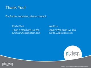 Thank You!

For further enquiries, please contact:


      Emily Chen                         Yvette Lu
      + 886 2 2756 8668 ext 258          +886 2 2756 8668 ext. 255
      Emily.X.Chen@nielsen.com           Yvette.Lu@nielsen.com




                                                     Copyright © 2010 The Nielsen Company. Confidential and proprietary.
 