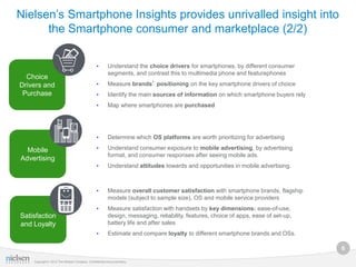 Nielsen’s Smartphone Insights provides unrivalled insight into
      the Smartphone consumer and marketplace (2/2)

                                                 •       Understand the choice drivers for smartphones, by different consumer
                                                         segments, and contrast this to multimedia phone and featurephones
  Choice
Drivers and                                      •       Measure brands’ positioning on the key smartphone drivers of choice
 Purchase                                        •       Identify the main sources of information on which smartphone buyers rely
                                                 •       Map where smartphones are purchased




                                                 •       Determine which OS platforms are worth prioritizing for advertising

  Mobile                                         •       Understand consumer exposure to mobile advertising, by advertising
                                                         format, and consumer responses after seeing mobile ads.
Advertising
                                                 •       Understand attitudes towards and opportunities in mobile advertising.



                                                 •       Measure overall customer satisfaction with smartphone brands, flagship
                                                         models (subject to sample size), OS and mobile service providers
                                                 •       Measure satisfaction with handsets by key dimensions: ease-of-use,
Satisfaction                                             design, messaging, reliability, features, choice of apps, ease of set-up,
and Loyalty                                              battery life and after sales
                                                 •       Estimate and compare loyalty to different smartphone brands and OSs.

                                                                                                                                     6

    Copyright © 2012 The Nielsen Company. Confidential and proprietary.
 