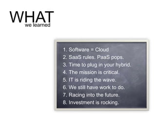 WHATwe learned
1. Software = Cloud
2. SaaS rules. PaaS pops.
3. Time to plug in your hybrid.
4. The mission is critical.
5. IT is riding the wave.
6. We still have work to do.
7. Racing into the future.
8. Investment is rocking.
 
