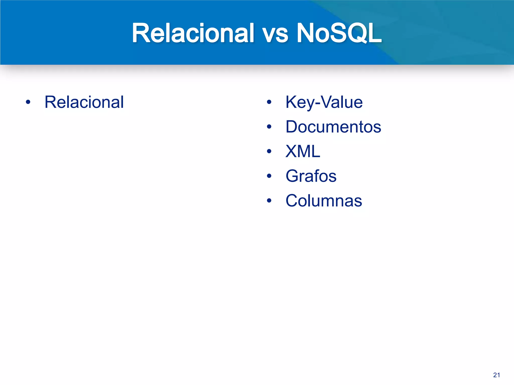 • Relacional                         •   Key-Value
                                     •   Documentos
                                     •   XML
                                     •   Grafos
                                     •   Columnas

• ACID                               • BASE
   • (atomicity, consistency, isol       • (basically available, soft
     ation, durability)                    state, eventual
                                           consistency)



                                                                        21
 