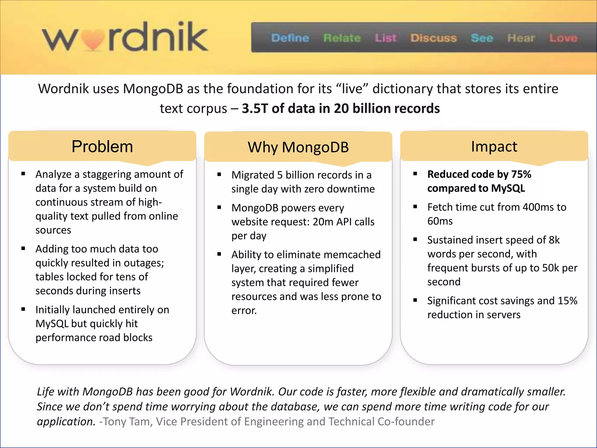 Intuit relies on a MongoDB-powered real-time analytics tool for small businesses to
   derive interesting and actionable patterns from their customers’ website traffic

            Problem                          Why MongoDB                                Impact
 Intuit hosts more than 500,000      MongoDB's querying and               In one week Intuit was able to
  websites                             Map/Reduce functionality could        become proficient in MongoDB
 wanted to collect and analyze        server as a simpler, higher-          development
  data to recommend conversion         performance solution than a          Developed application features
  and lead generation                  complex Hadoop                        more quickly for MongoDB than
  improvements to customers.           implementation.                       for relational databases
 With 10 years worth of user         The strength of the MongoDB          MongoDB was 2.5 times faster
  data, it took several days to        community.                            than MySQL
  process the information using a
  relational database.




   We did a prototype for one week, and within one week we had made big progress. Very big progress. It
   was so amazing that we decided, “Let’s go with this.” -Nirmala Ranganathan, Intuit

                                                                                                          64
 