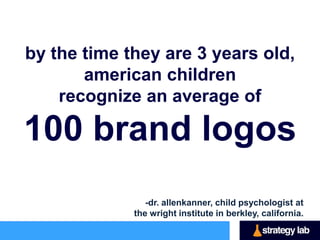 by the time they are 3 years old,
       american children
    recognize an average of

100 brand logos
                -dr. allenkanner, child psychologist at
             the wright institute in berkley, california.
 